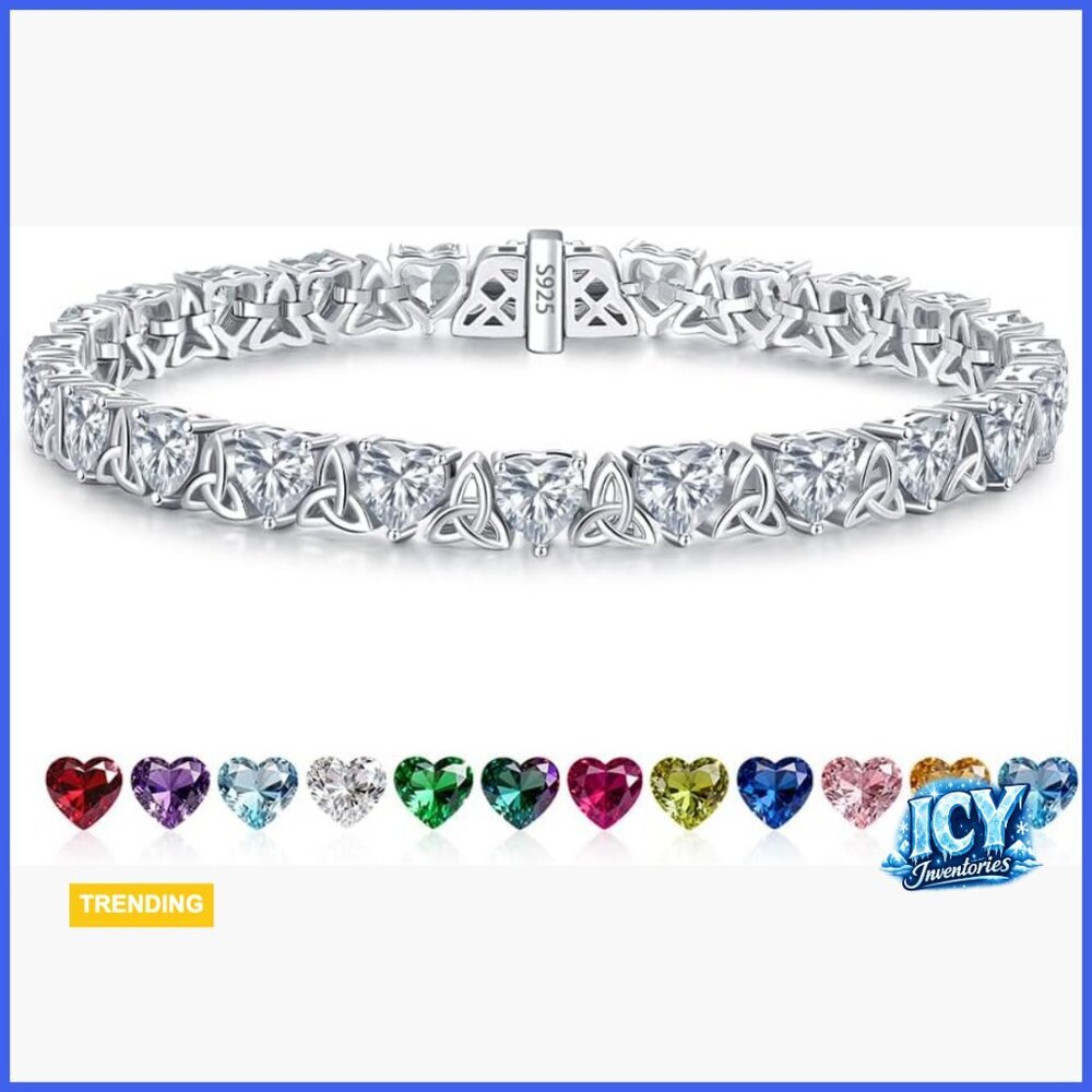925 Sterling Silver White Gold Plated Tennis Bracelet with Heart Simulated